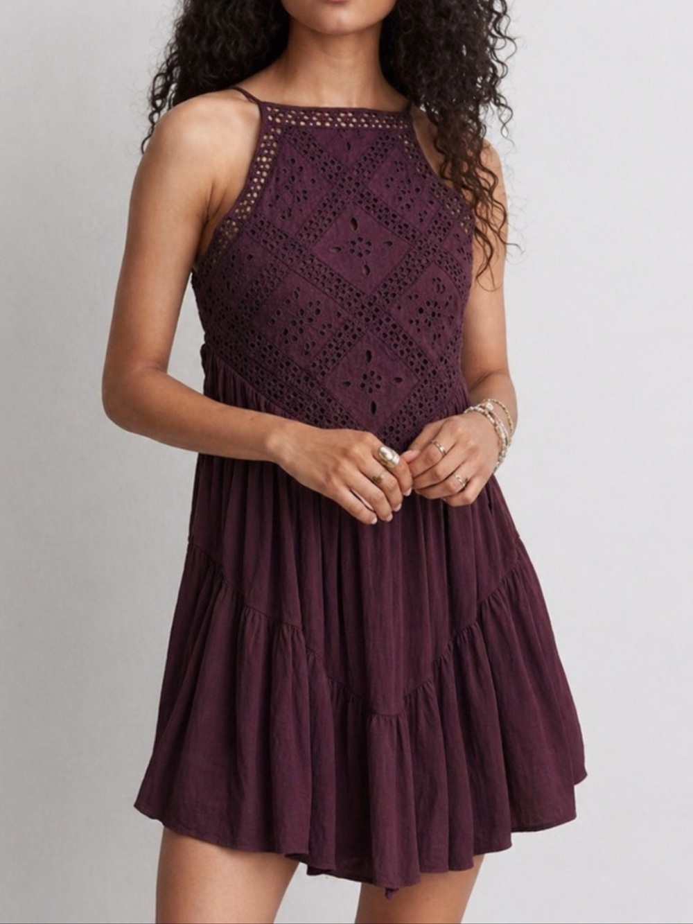 American Eagle Plum Lace Eyelet Babydoll Dress XXS Lined Flowy Adjustable Straps